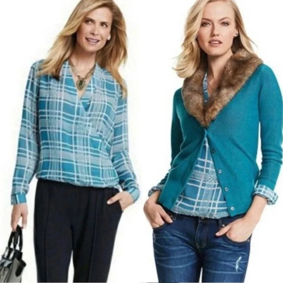 CABI Windowpane Plaid Surplice Hi-Lo Blouse Size M and cardigan size M - Picture 1 of 15